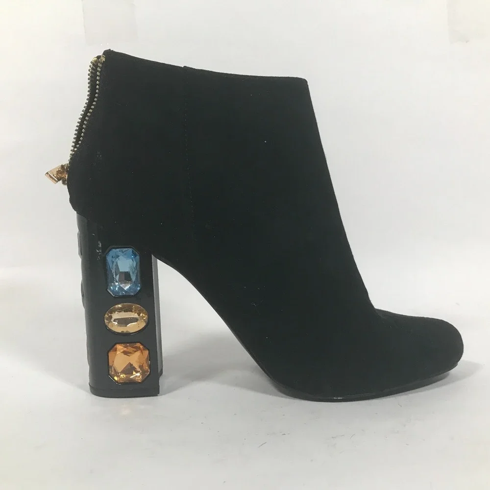 Shoedazzle Cassey Womens Size 9 Ankle Bootie Black Faux Suede Jeweled 4.5in Heel